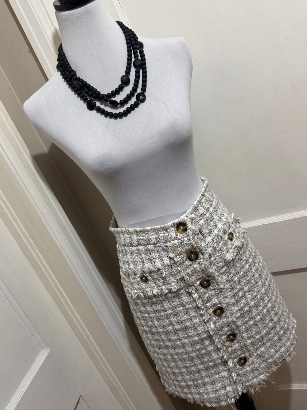 Ann Taylor Bouclé Cream Button-Front Mini Skirt